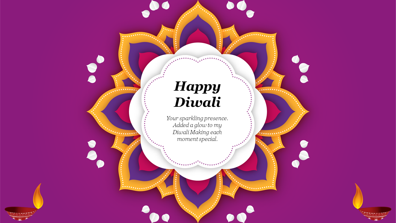 Diwali greeting card with a vibrant mandala design on a purple background, surrounded by small white petals and diyas.