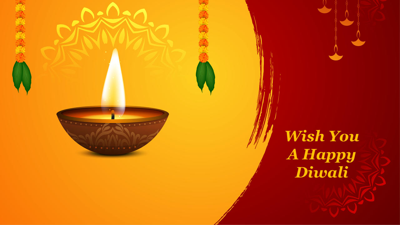 Colorful Diwali design featuring a lit oil lamp, floral garlands, and a warm message.