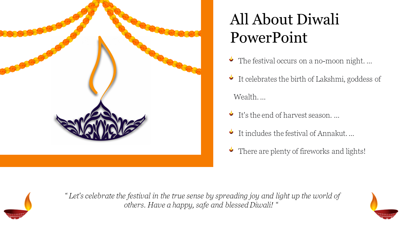 Diwali slide featuring a floral garland and an intricate diya inside an orange bordered box and text on the right.