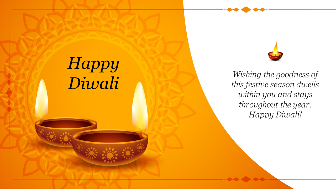 Diwali greeting with decorative oil lamps on an orange background with intricate patterns and festive message.