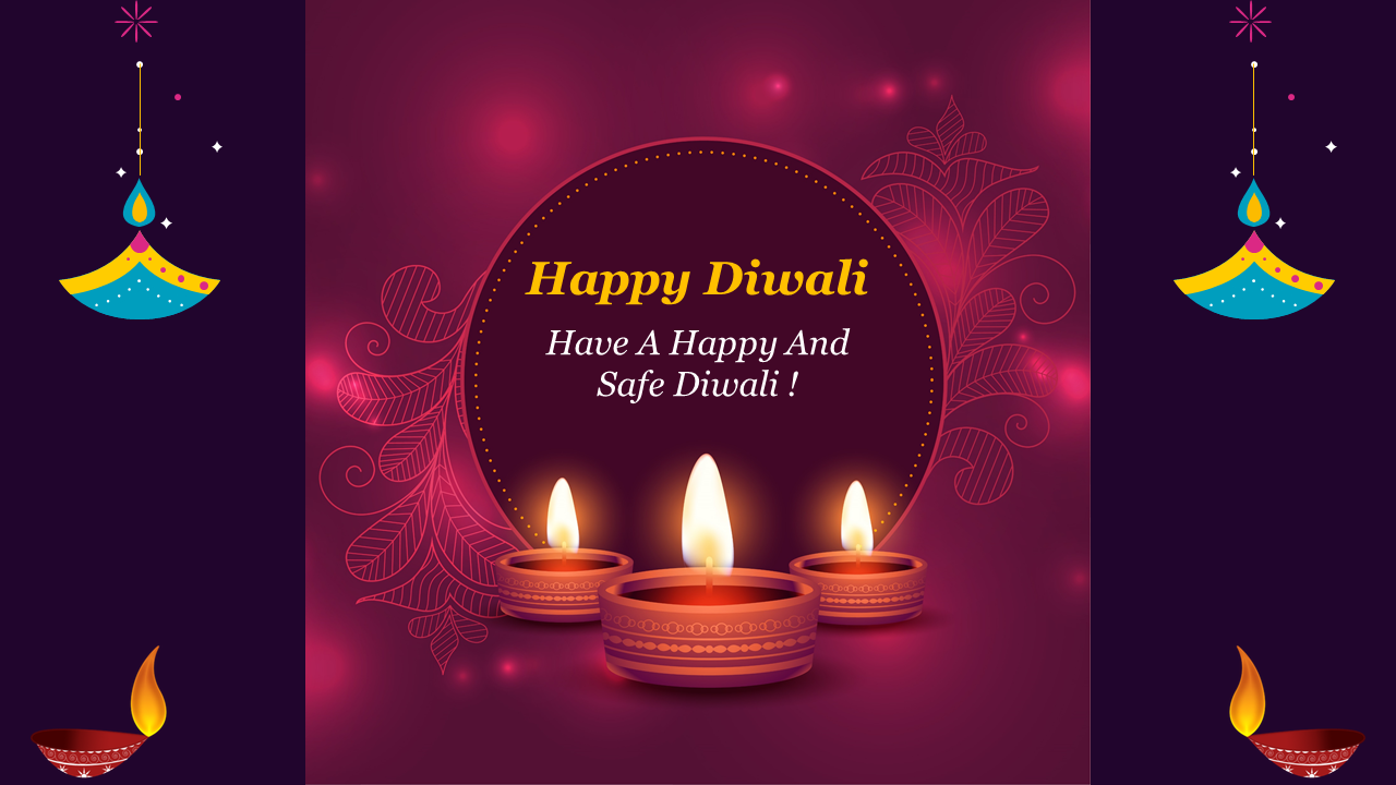 Diwali greeting with a circular design featuring diya lamps, on purple backdrop, and decorative hanging lanterns on sides.