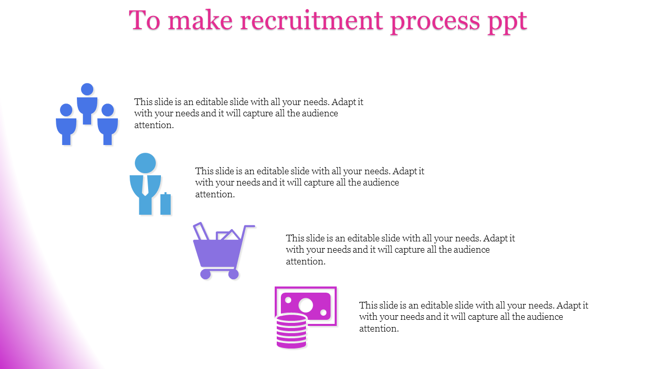 Recruitment process slide with icons representing people, a briefcase, shopping cart, and money stacks in blue and purple.