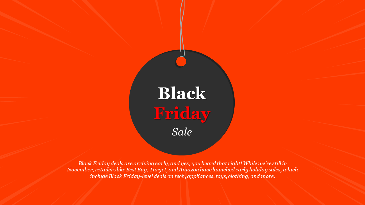 A black tag with black Friday sale text on a red background, emphasizing early deals and promotions at various retailers.