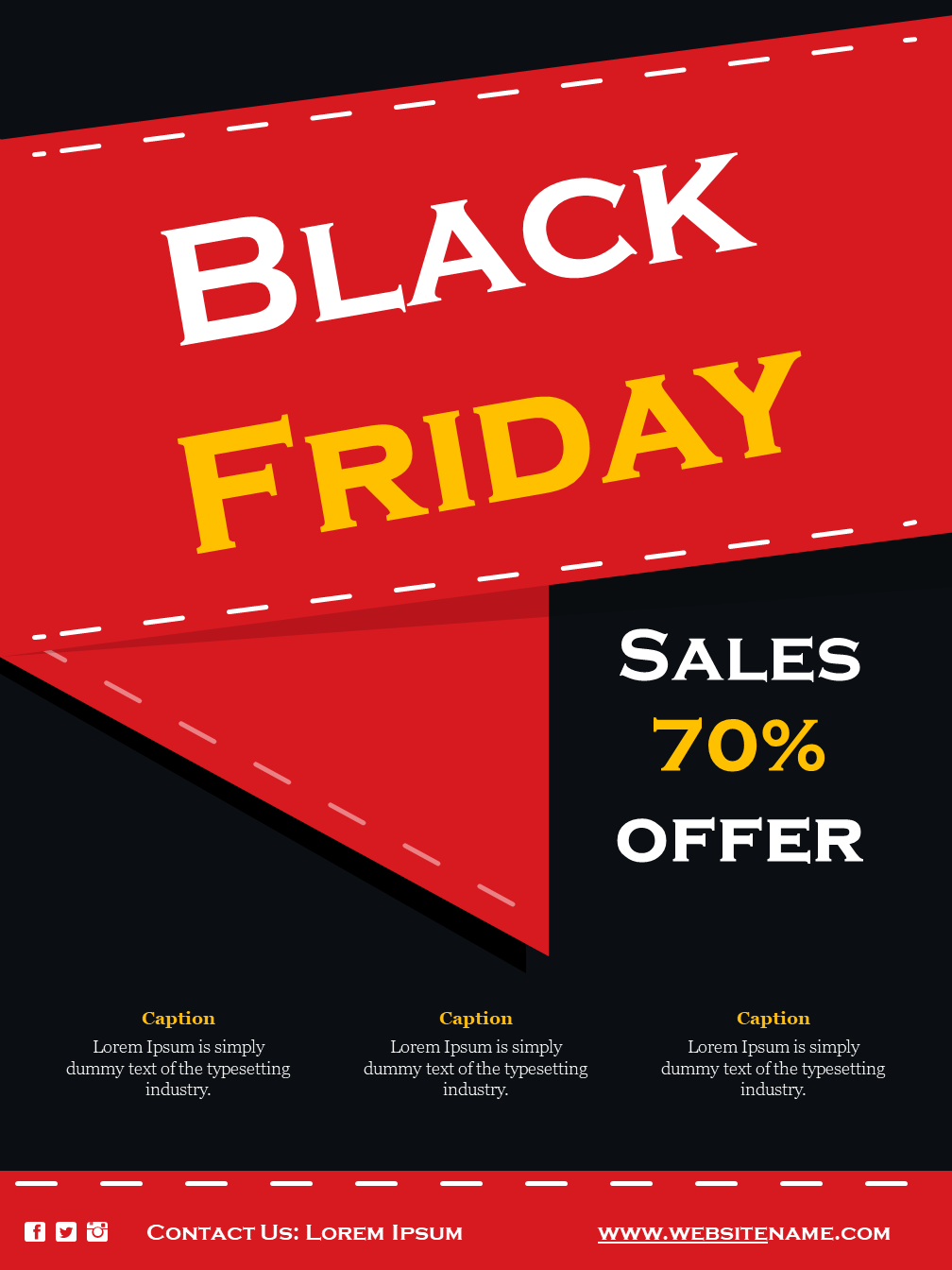 Flyer promoting Black Friday with a 70 percent discount, featuring a striking red and black design with captions.