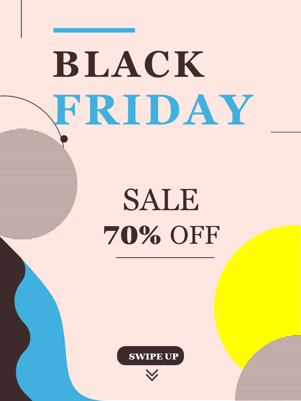 Black Friday Instagram story template with bold text and 70 percent off text with colorful abstract geometric shapes.