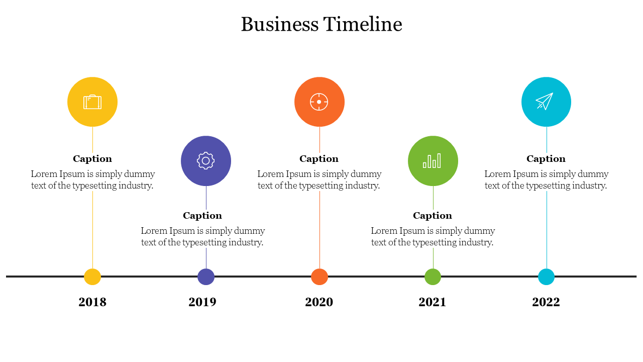 Five year timeline from 2018 to 2022 with colored icons representing milestones, each paired with a caption below.