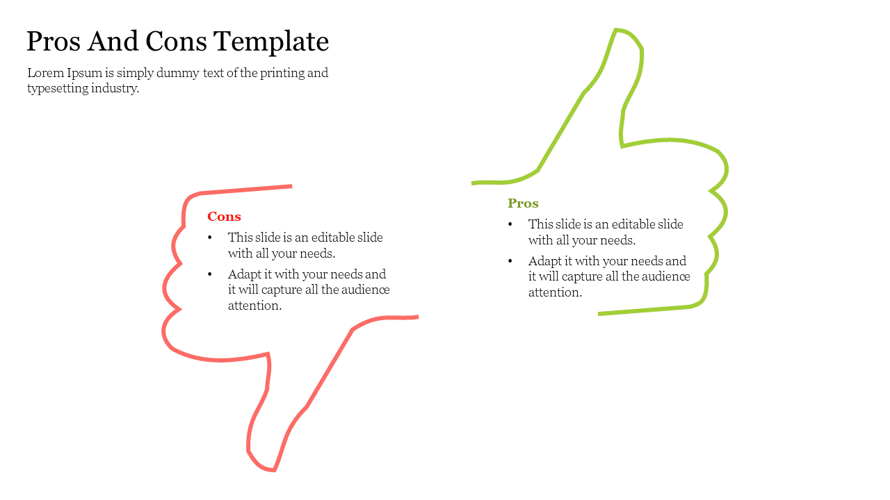 Pros and cons template featuring thumb up and thumb down outlines for listing advantages and disadvantages side by side.
