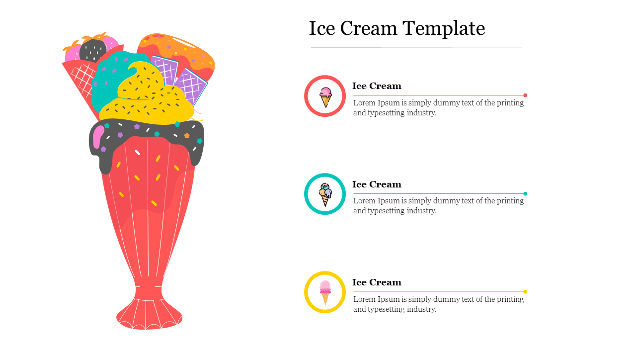 Large ice cream sundae illustration with colorful scoops and three text sections with icons on the right.