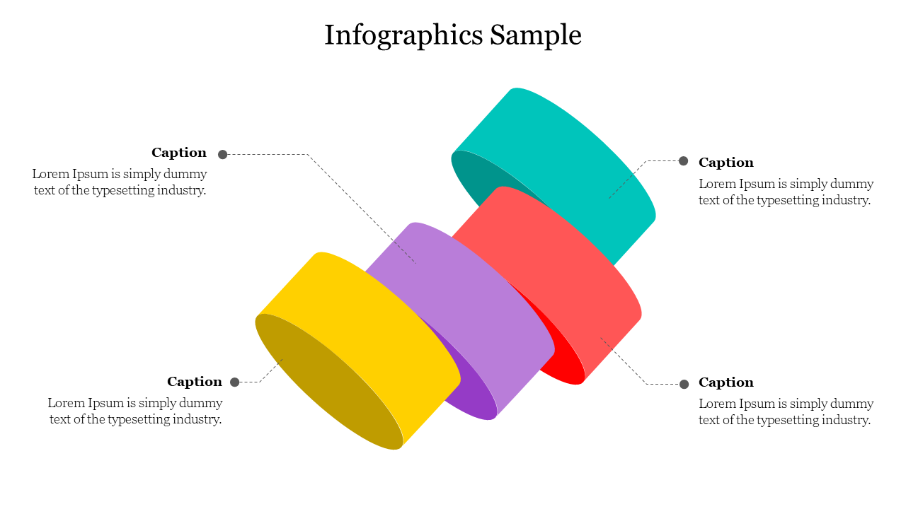 Infographics sample slide featuring rings in yellow, purple, teal, and red with text captions connected by dotted lines.