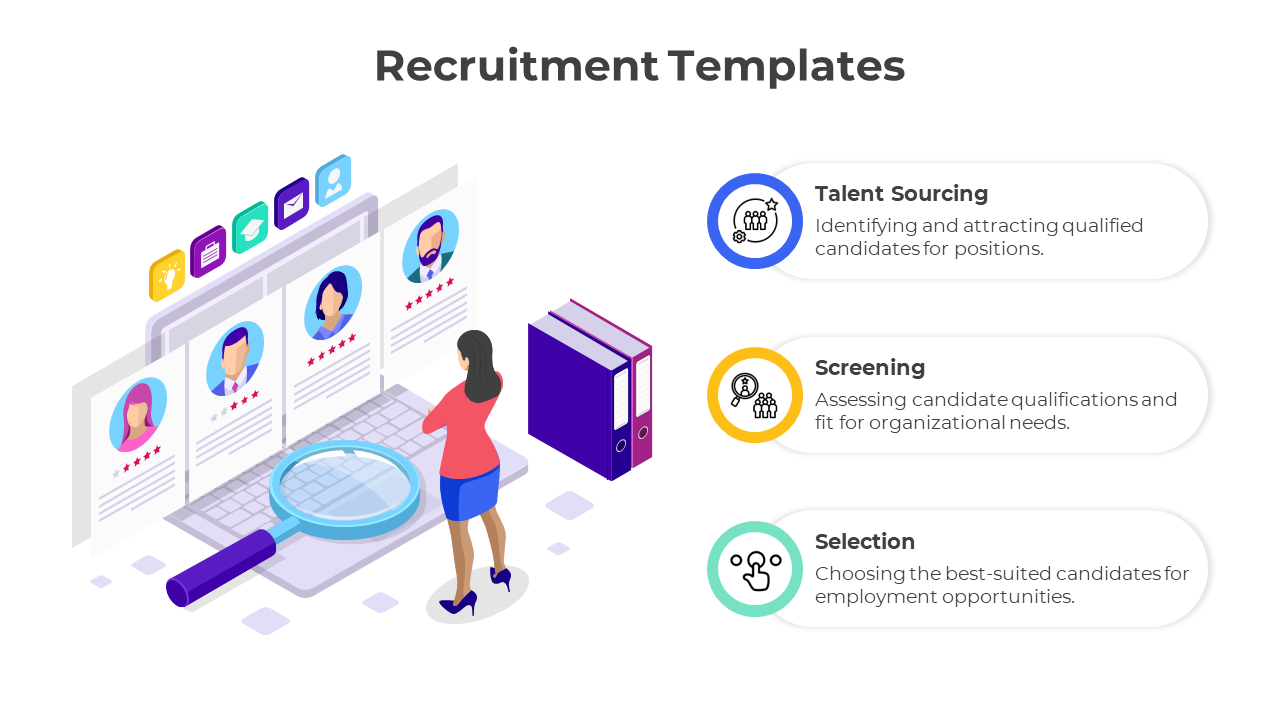 Recruitment concept with a magnifying glass, candidate profiles on screens, and steps labeled for talent sourcing, screening, and selection.