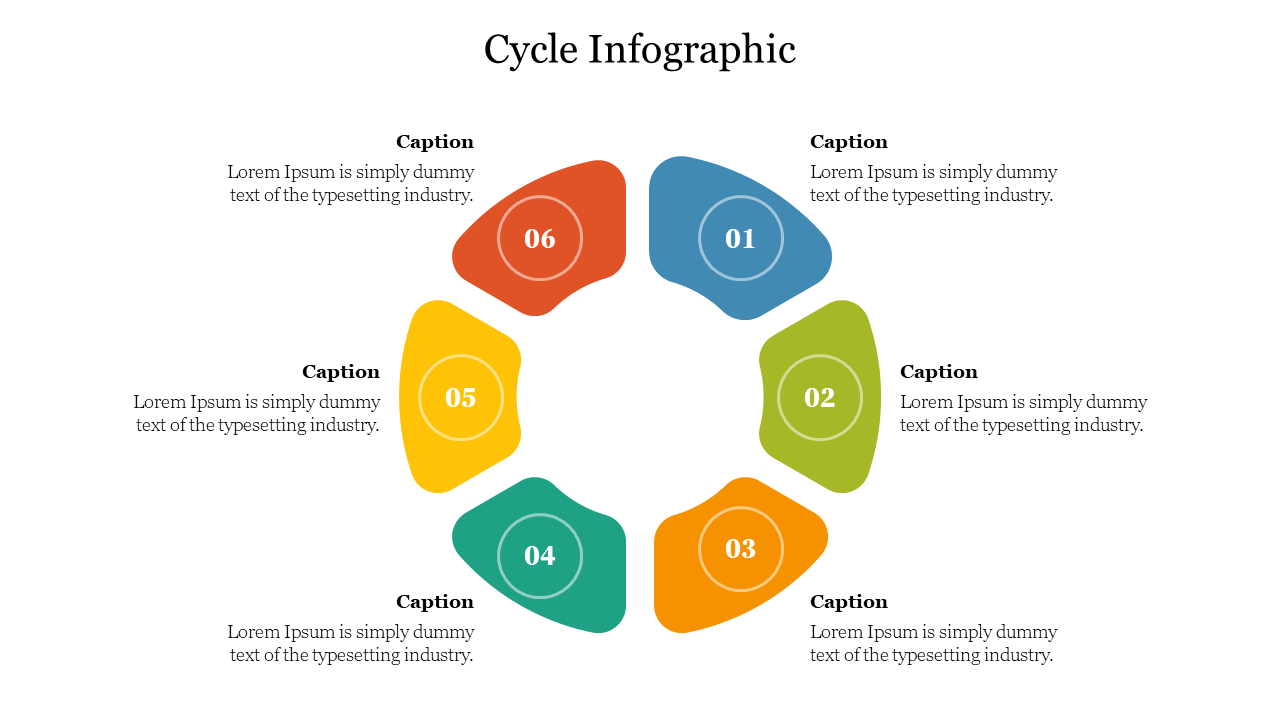 Circular infographic with six colored sections, numbered 1 to 6, each paired with a caption on a white background.