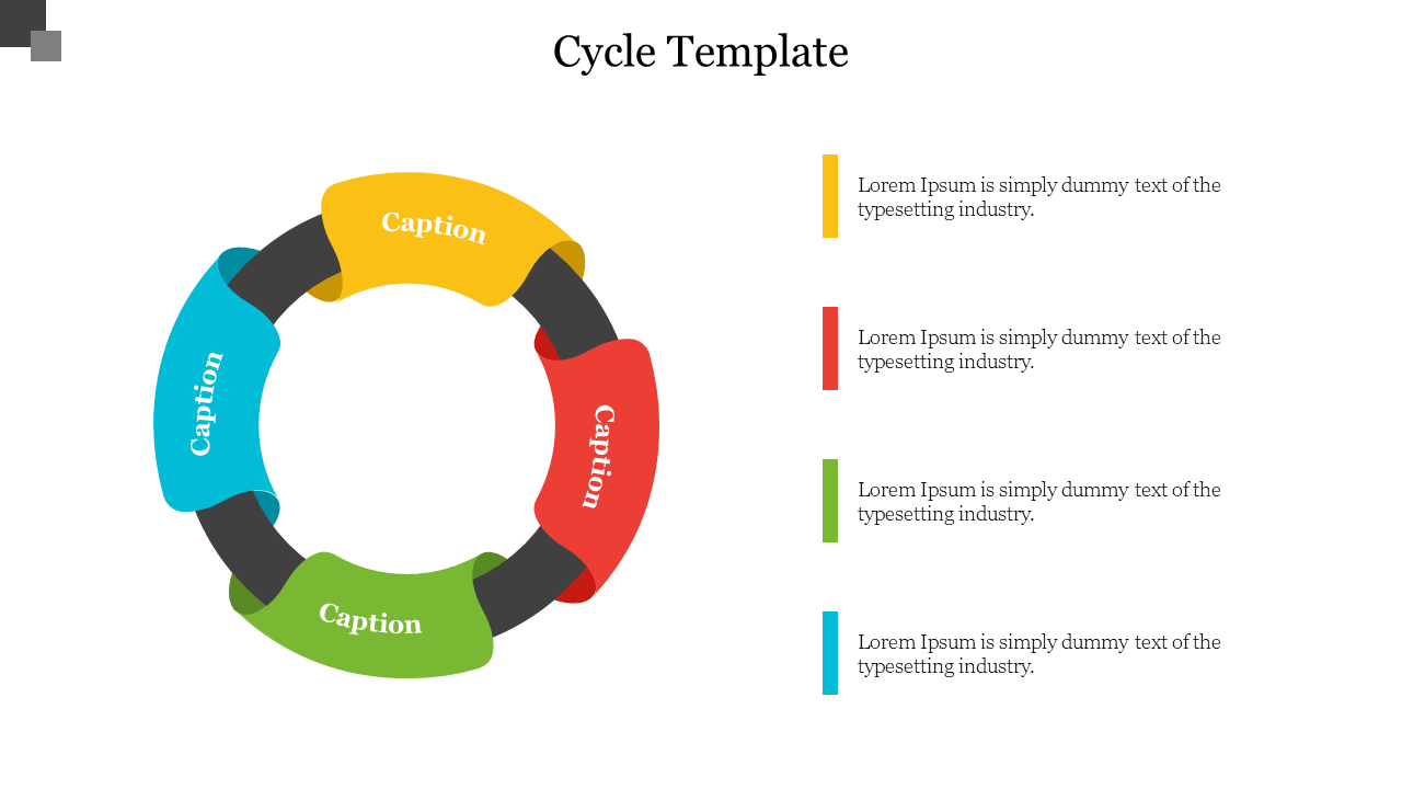 Cycle template featuring a circular flow design with colorful segments, each linked to caption areas.