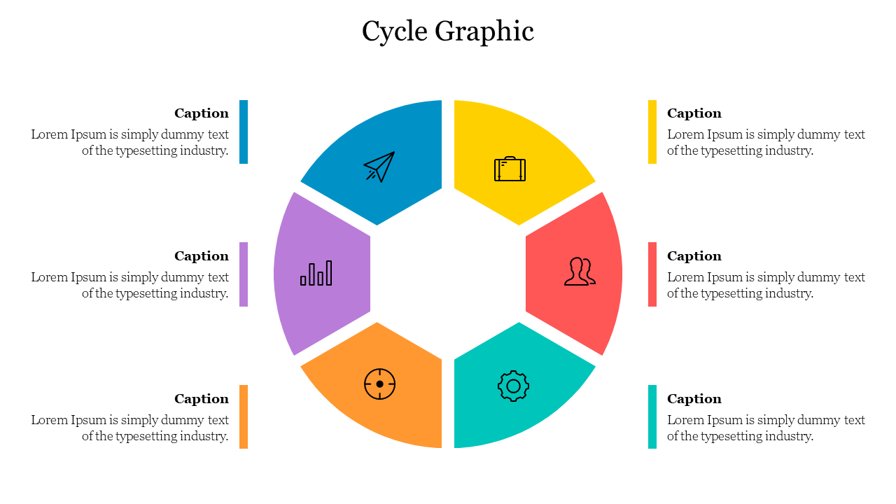 Colorful hexagonal diagram representing a cycle, with icons in each segment surrounded with caption areas.