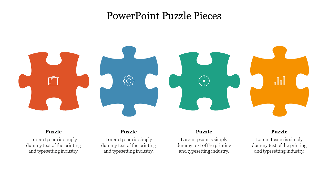 Four colorful puzzle pieces in orange, blue, green, and yellow, each with an icon and caption below.