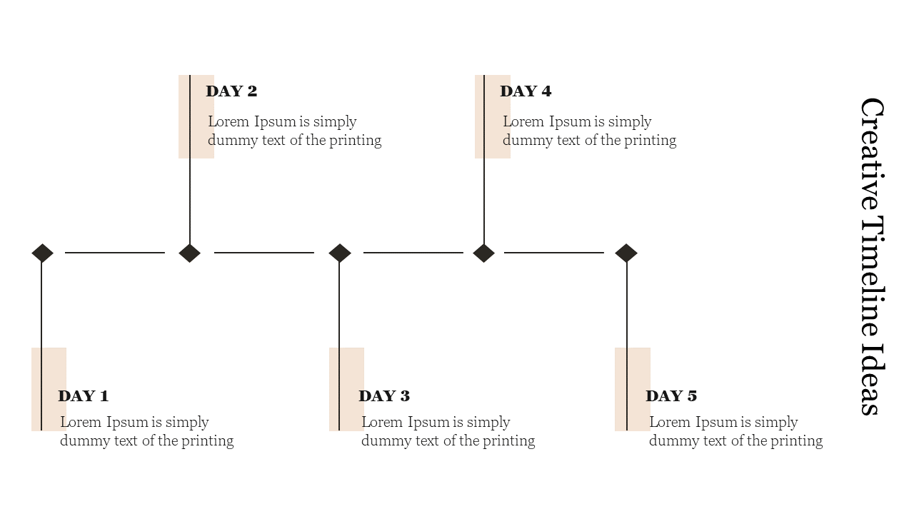 Creative timeline with labeled milestones for day 1 to day 5, connected by lines and highlighted with beige-colored boxes.