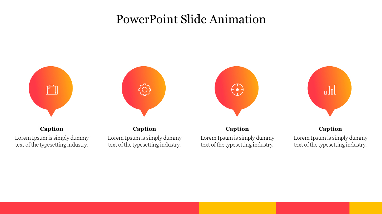 PowerPoint slide animation with four orange gradient colored location markers featuring business icons and caption areas.