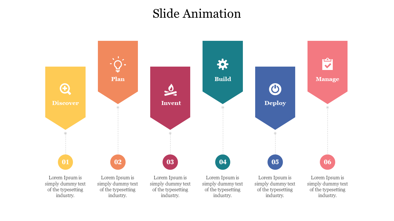 An infographic PPT slide featuring a series of six steps in slide animation with different colors, icons, and descriptions.