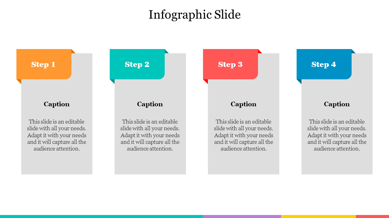 Infographic slide featuring four gray text boxes, each with a colored header in orange, teal, red, and blue.