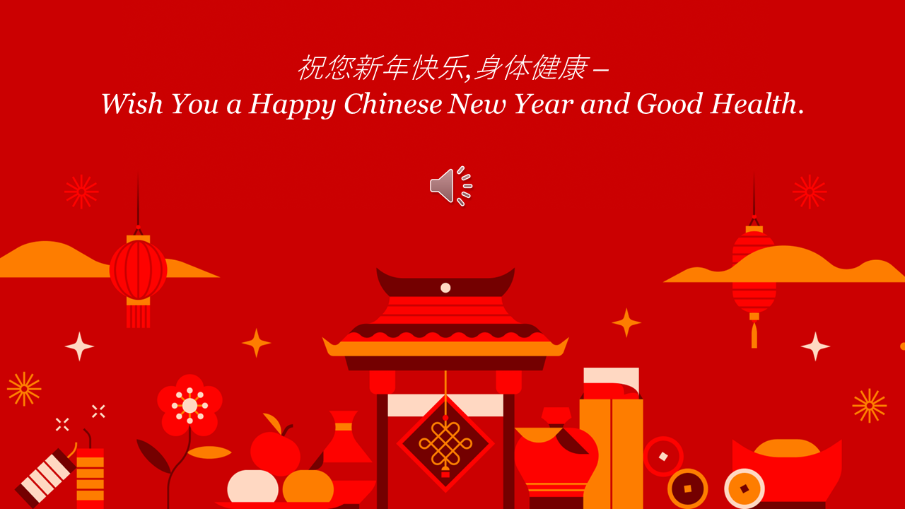 Chinese new year greeting slide featuring vibrant illustrations and festive wishes on a red backdrop.