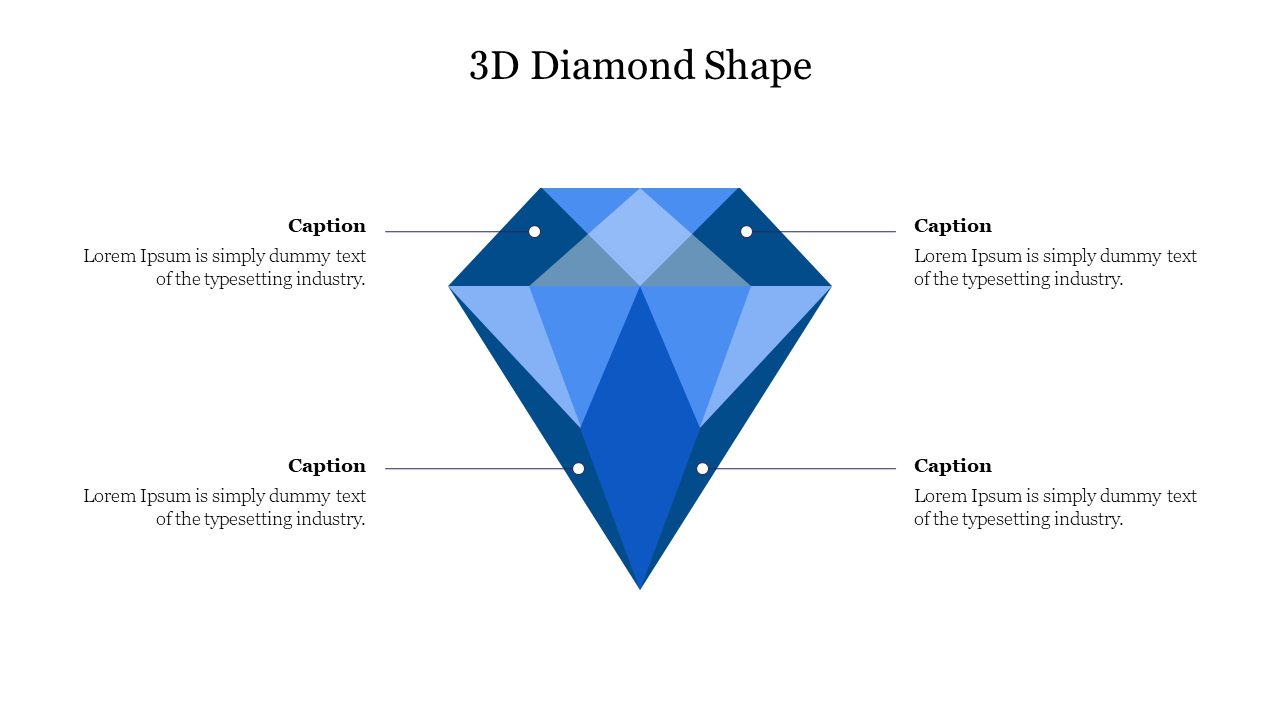 3D blue diamond-shaped graphic in the middle of a slide, accompanied by caption placeholders at all sides.