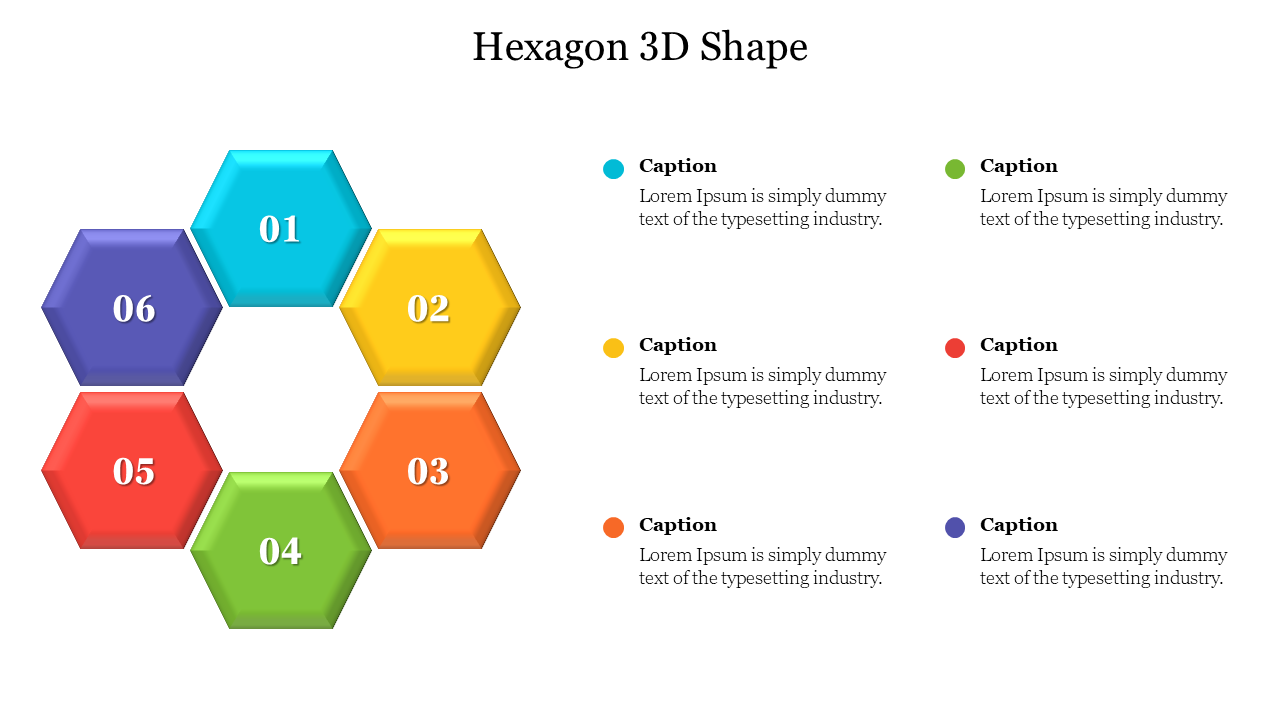 3D hexagon shape made up of six colorful numbered hexagons in a circular arrangement, with caption areas on the right.