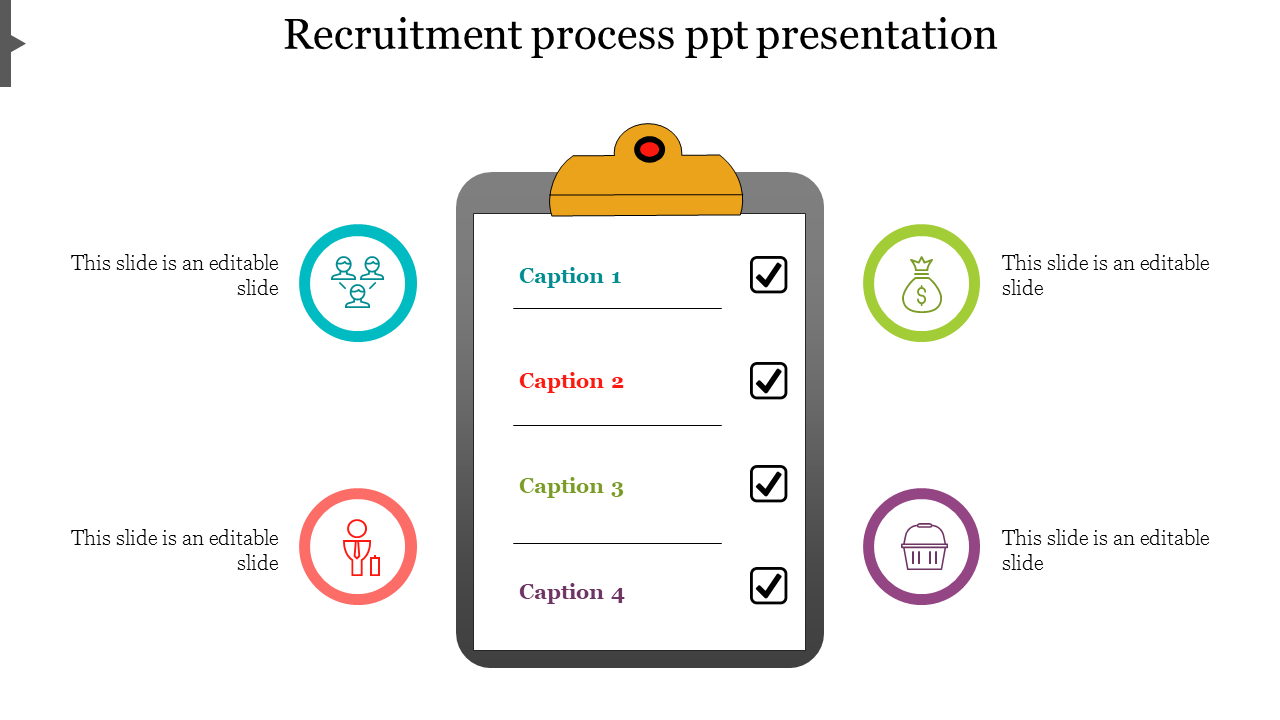 Recruitment process PowerPoint slide with checklist items and icons for job candidates and other details.