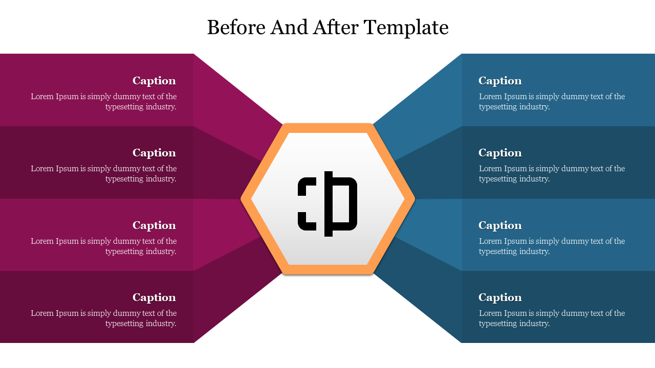 Hexagonal design in the middle separating maroon and blue sections with placeholder text.