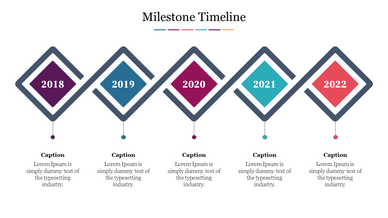 Milestone timeline PPT slide with colorful diamond shaped markers for the years 2018 to 2022, each with a caption.