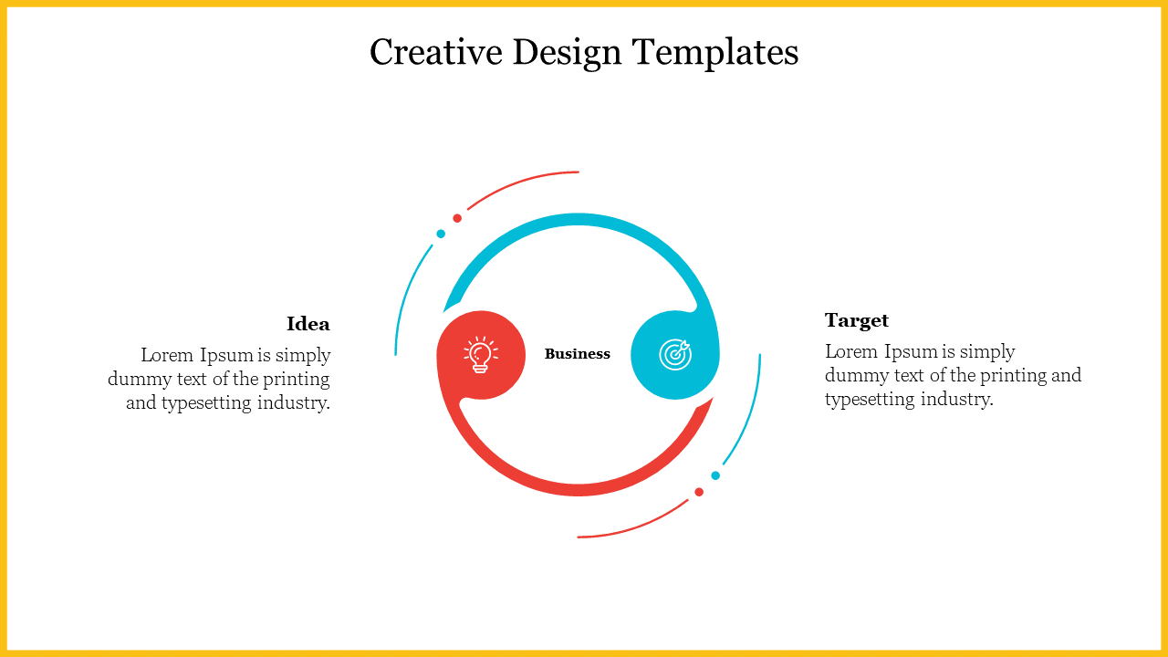 Creative slide with a circle in red and blue sections, connected by arrows in a dynamic, circular motion.