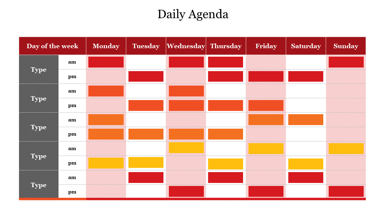 Organized daily agenda with a grid layout, highlighting activities across days with red, orange, and yellow blocks.