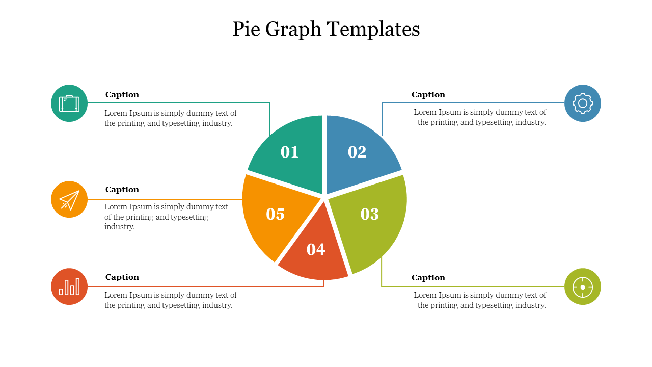 A pie chart slide is divided into five colorful sections and icons, each with a number and connected to descriptive captions.