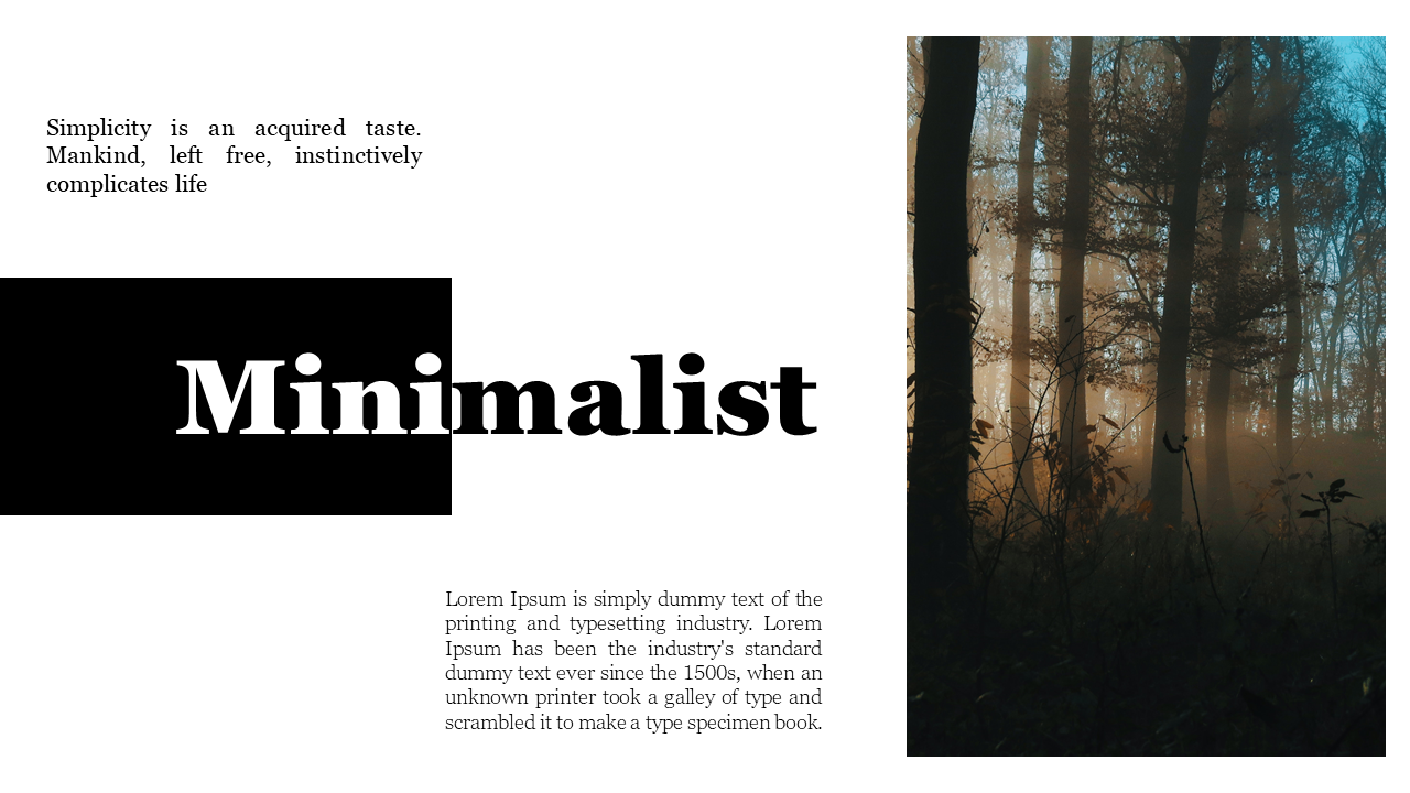 Black and white minimalist design featuring bold typography, a forest image, and placeholder text sections.