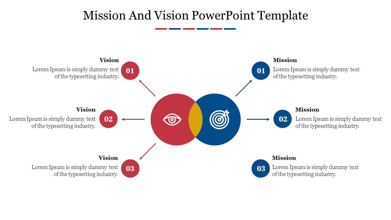 Slide featuring interlocking circles with mission and vision text placeholders and icons.