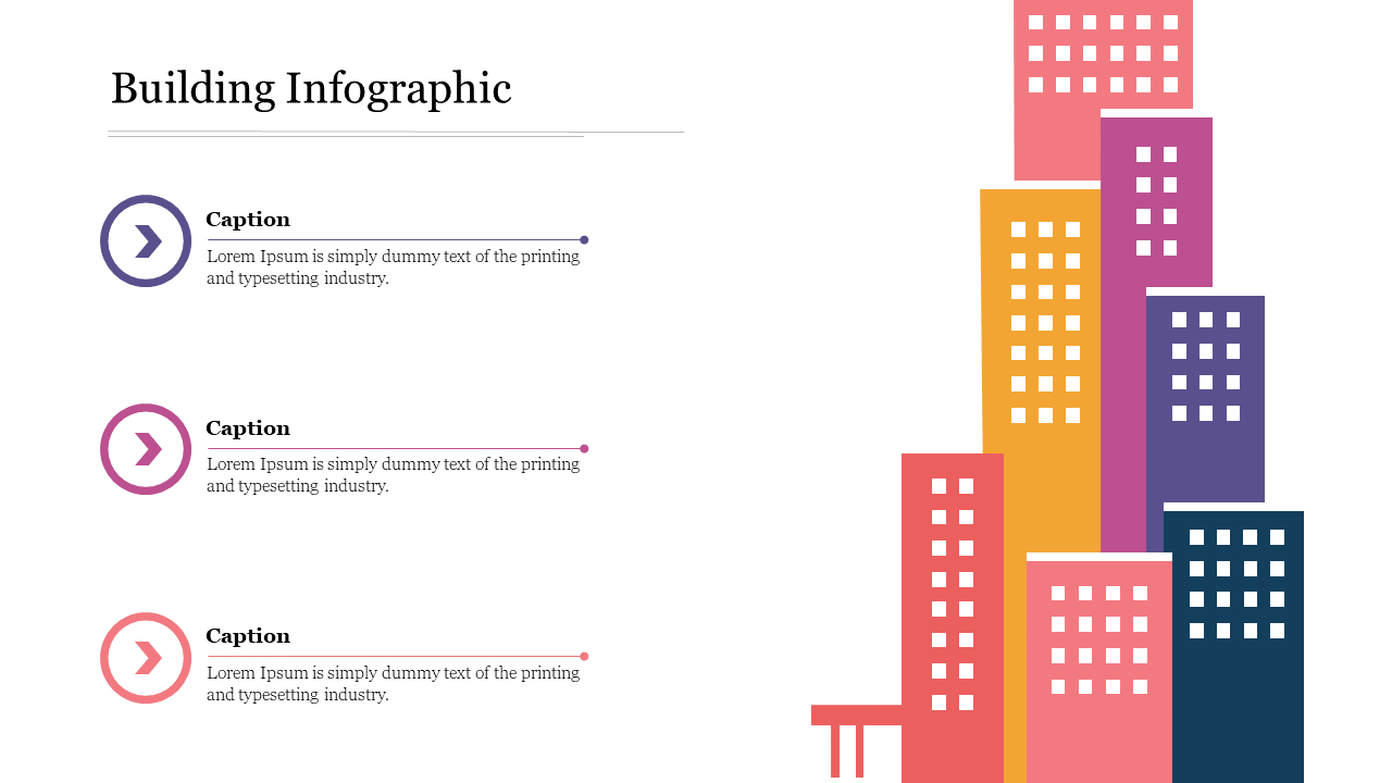 Infographic slide featuring a colorful depiction of buildings alongside captioned bullet points.