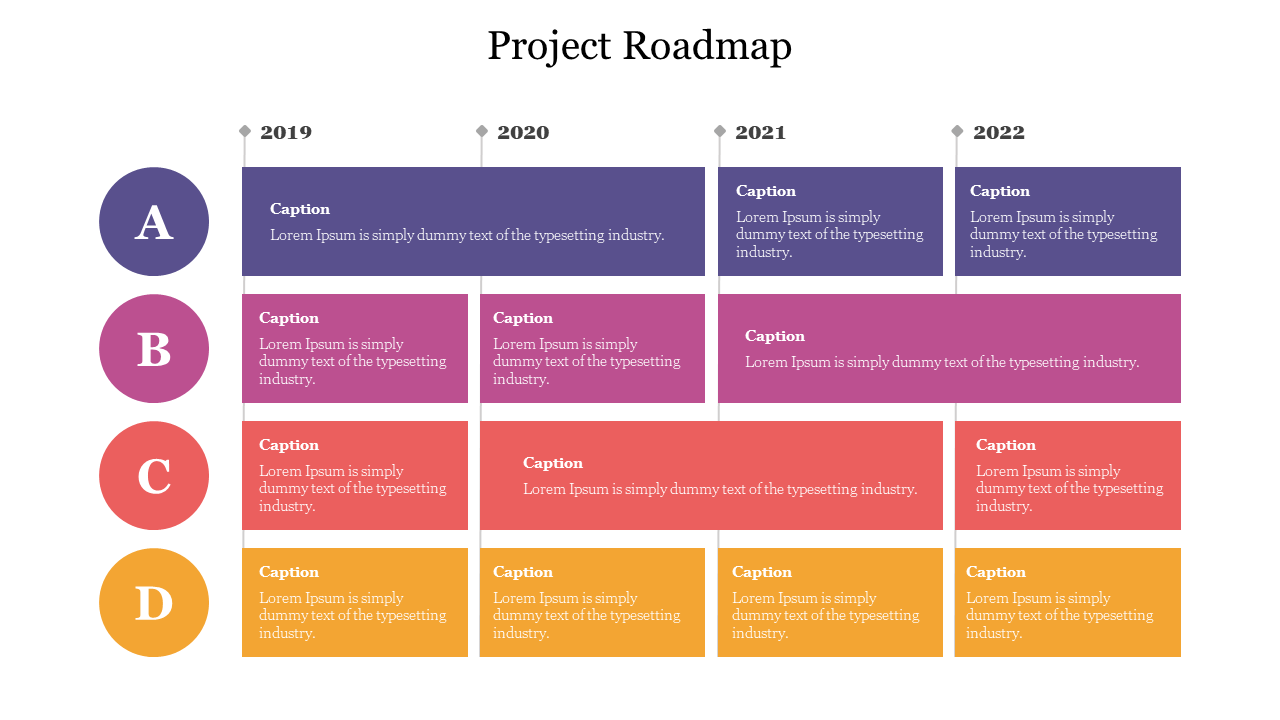 Slide with four colored rows, each labeled A to D, with yearly progress and captions in blue, pink, red, and yellow boxes.