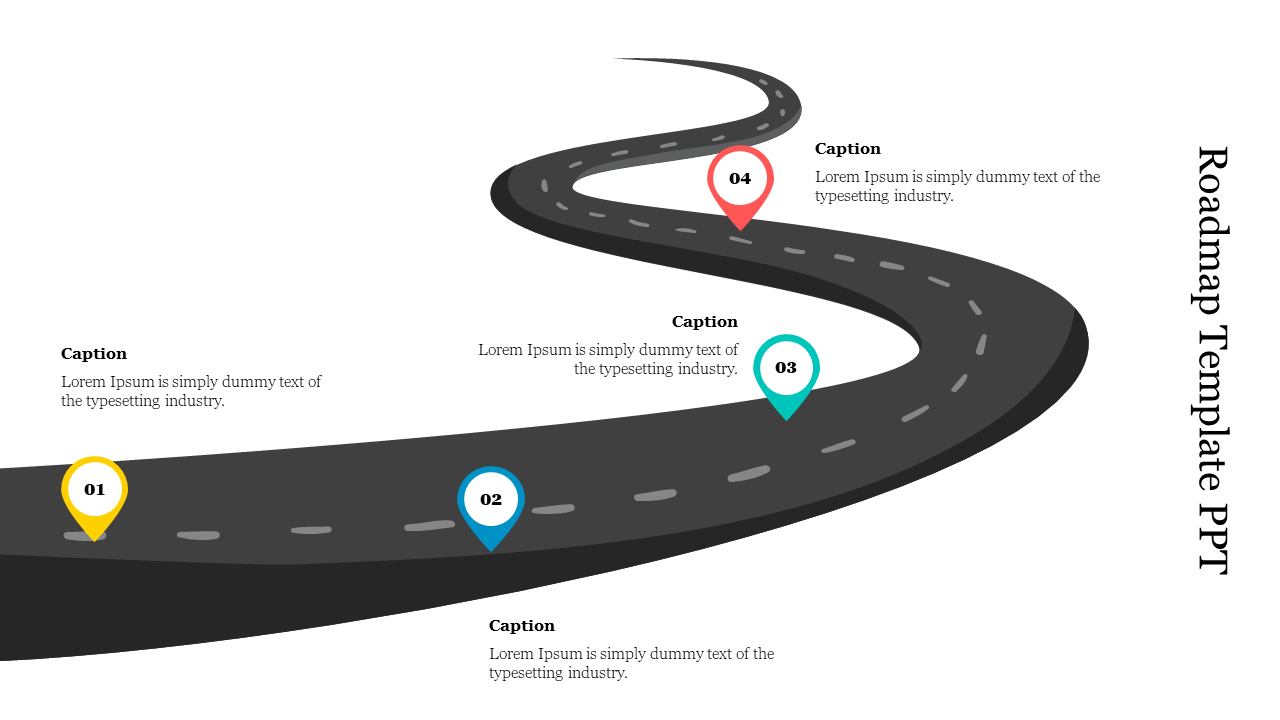 Roadmap template showing a curved road with four colored location markers, each pointing to text placeholders.