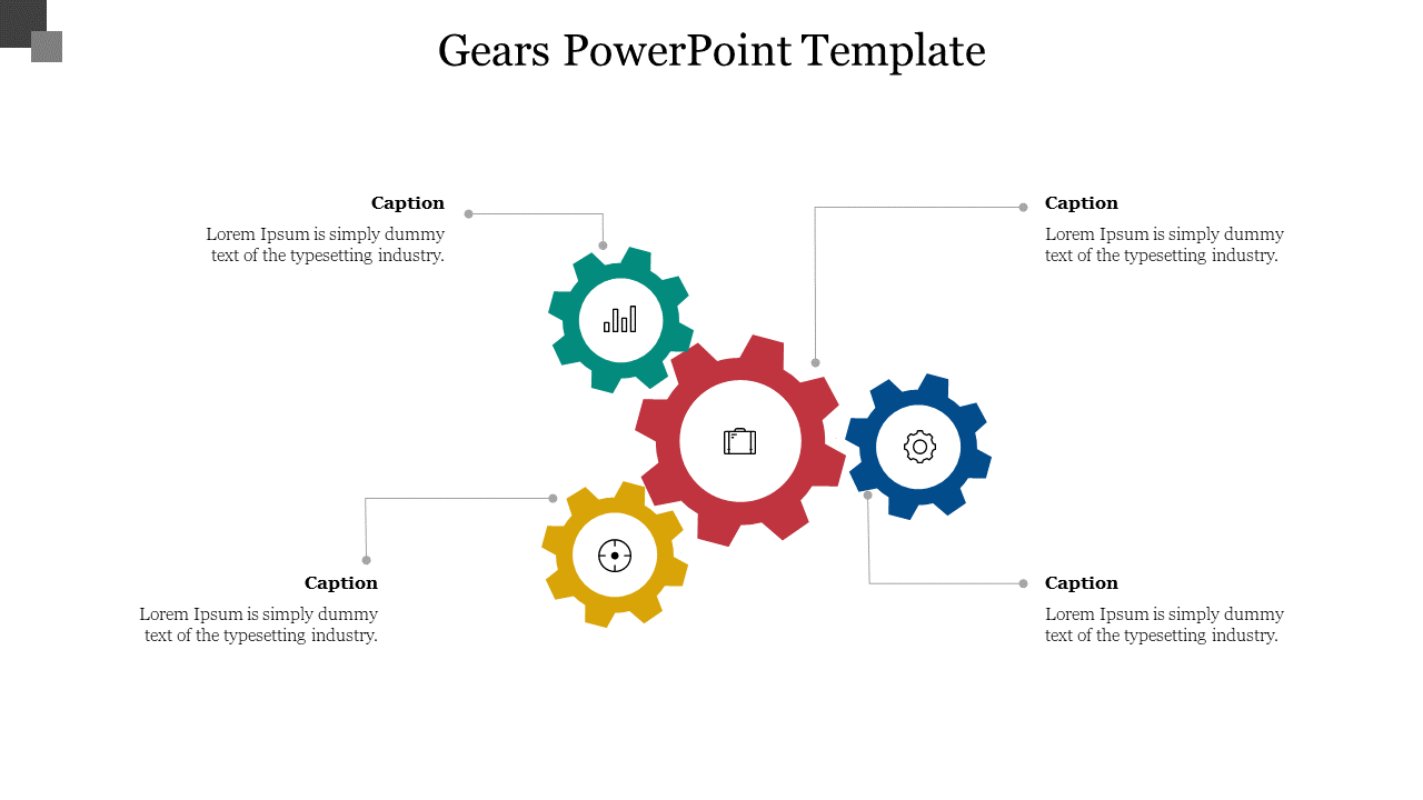 A visually appealing slide featuring colorful gears with placeholders for captions and descriptions.