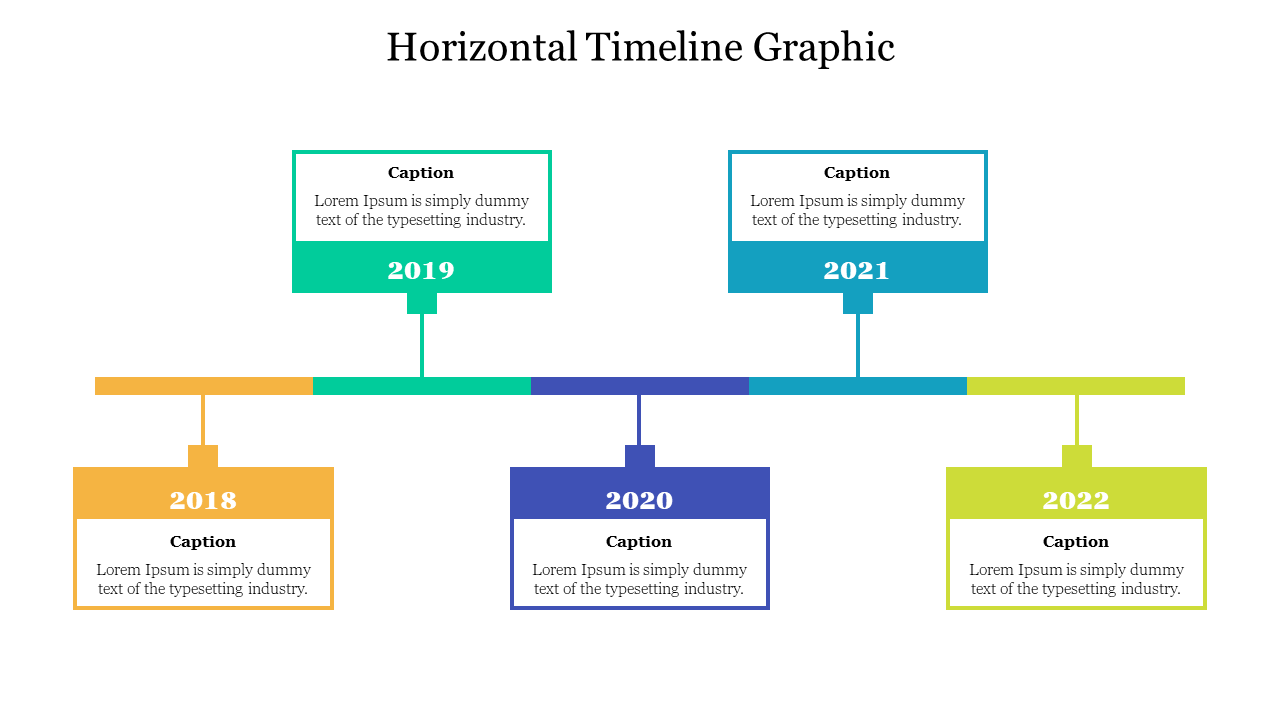 A colorful horizontal timeline with boxes representing years from 2018 to 2022, each box includes placeholder text.