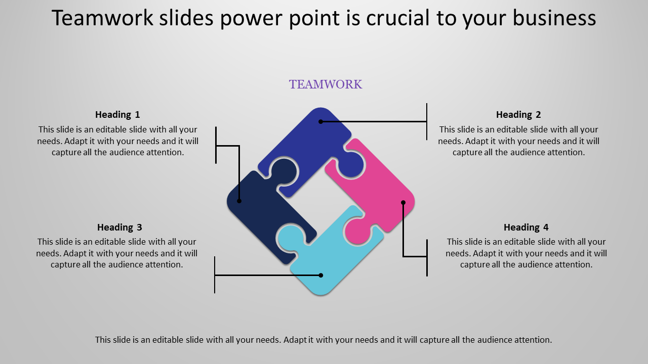 PowerPoint slide showing teamwork with puzzle pieces representing collaboration, with sections for titles.