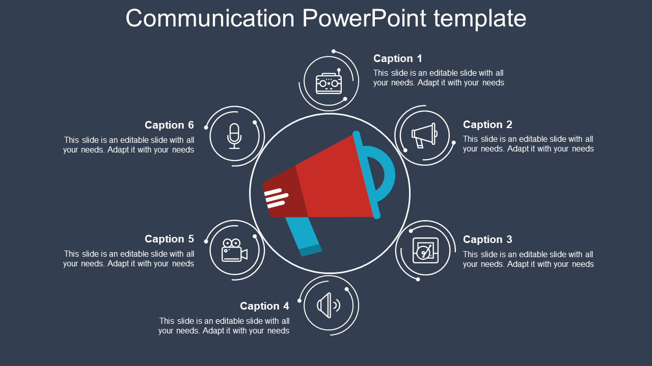 Circular infographic featuring a megaphone in the center, surrounded by six icons representing communication methods.