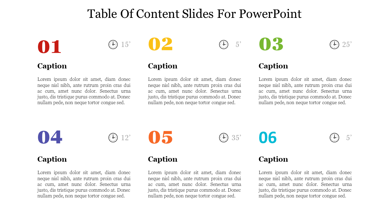 Table of content slide with six colorful numbered sections, time indicators, and captions beneath.