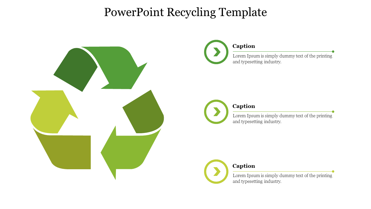 A green gradient recycling logo, with three arrows and text blocks arranged vertically on the right.