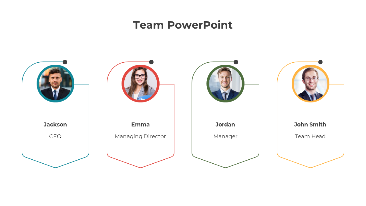 Team PowerPoint slide showcasing four team members with photos, names, and roles in individual outlined sections.