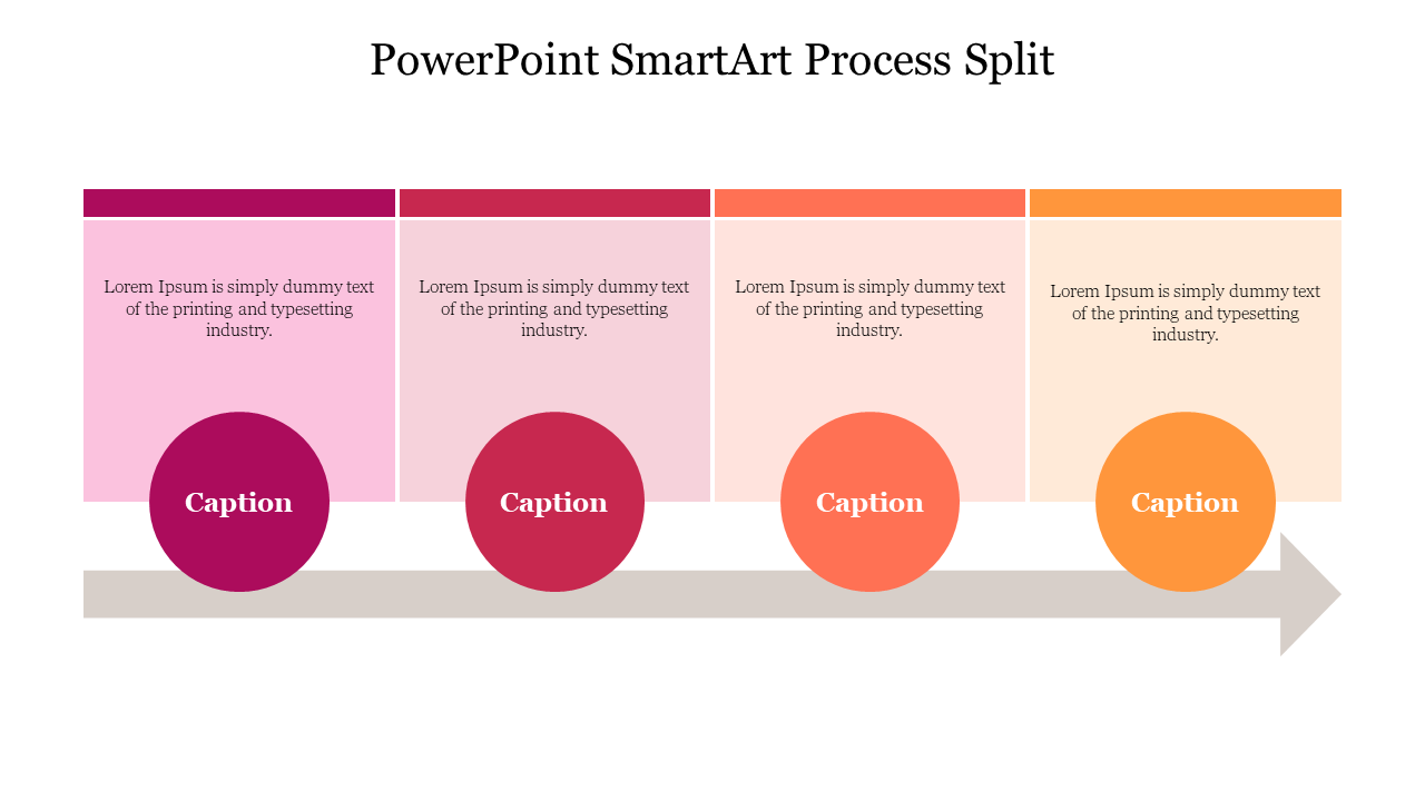 SmartArt process diagram slide with four steps in a split format, each represented by a colored circle caption and text box.