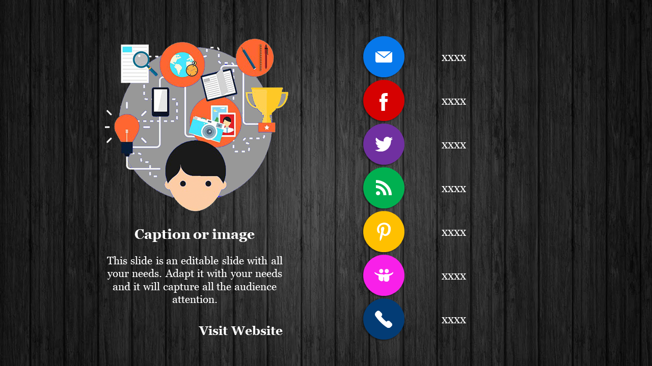 Dark wood background with a central graphic of a person surrounded by icons and vertical colorful social media circles.