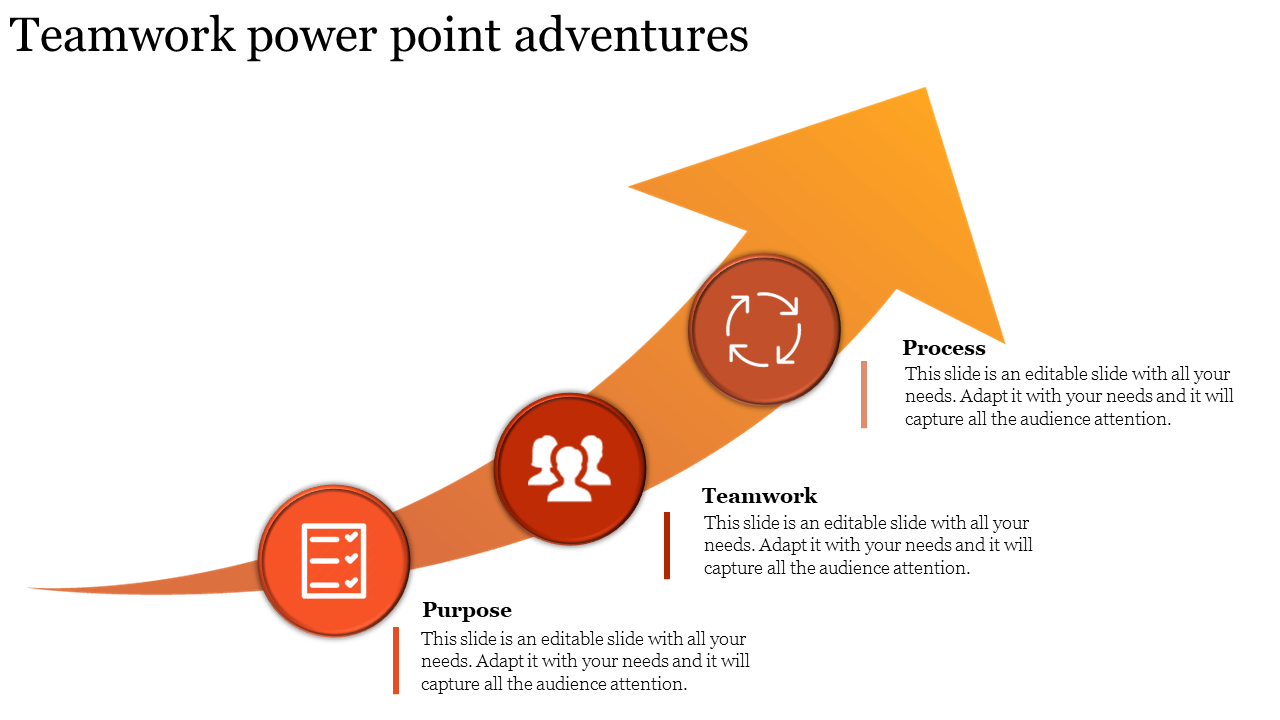 Teamwork diagram featuring an upward arrow with three steps each with placeholder text area and icons.