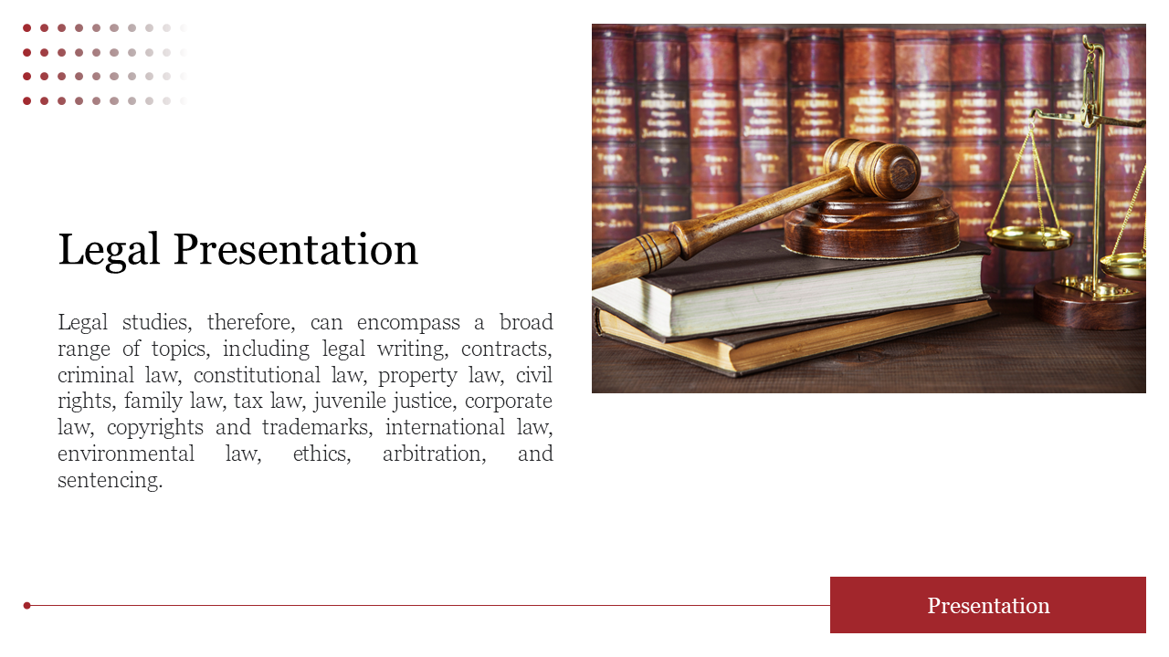 Legal presentation slide with the gavel, law books, and scales symbolizing justice and legal studies topics.