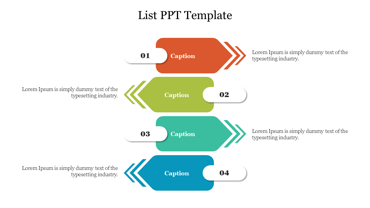 The slide features a color-coded list with four steps labeled Caption in orange, green, teal, and blue with placeholder text.