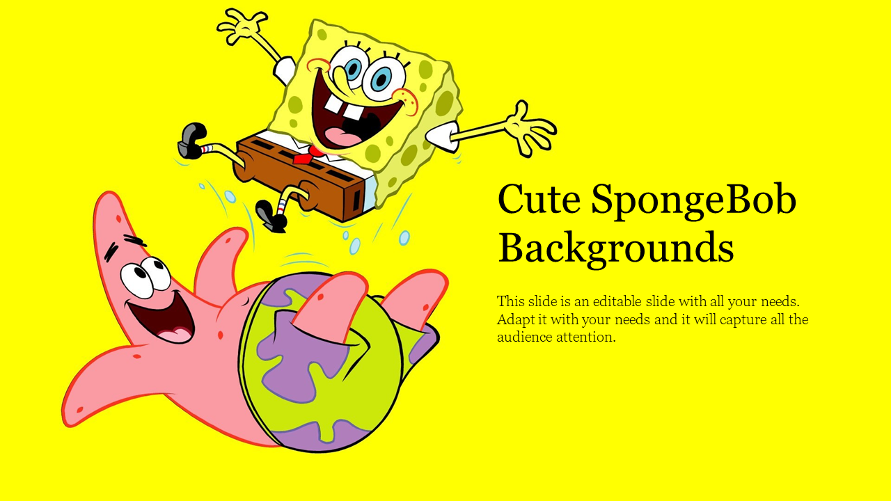 SpongeBob SquarePants and Patrick Star jumping with joy on a bright yellow background with a text area.