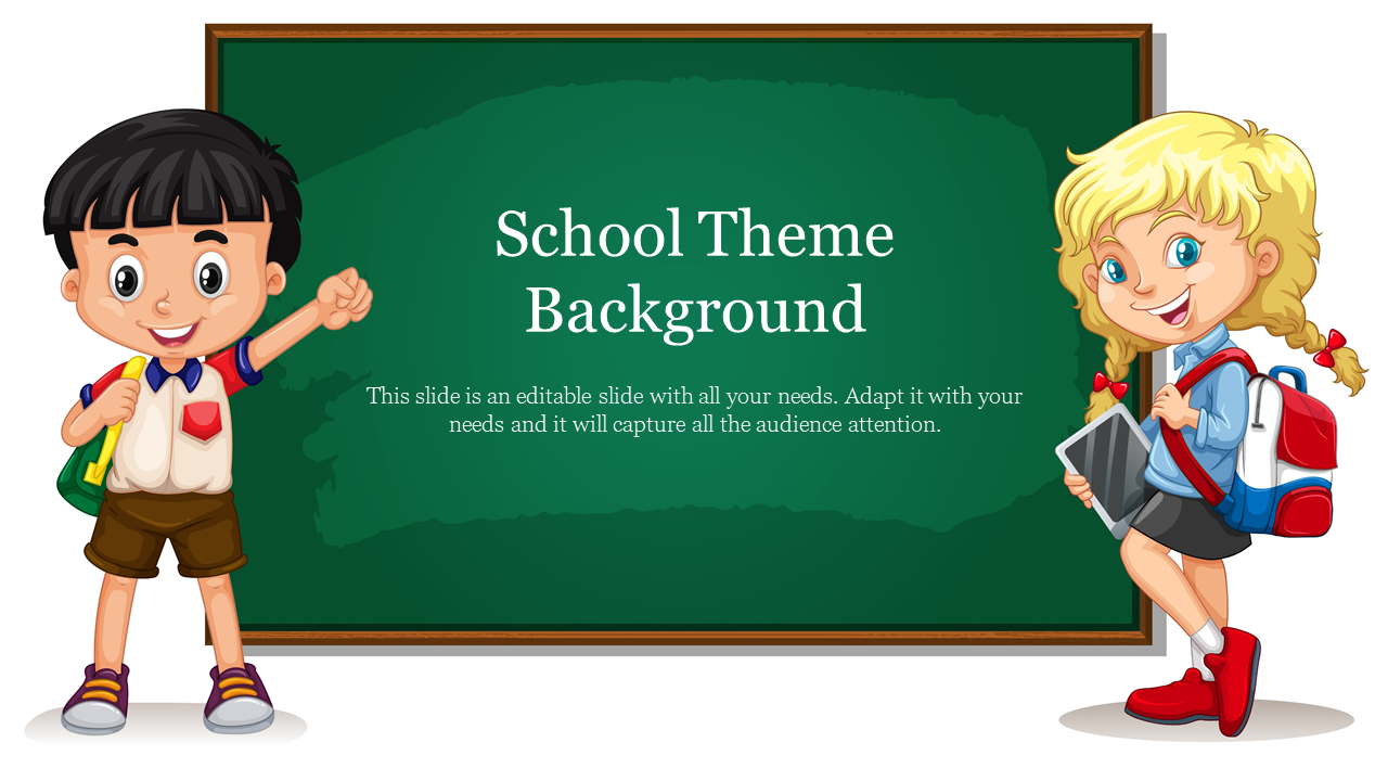 Cartoon-style school background slide with a green chalkboard, featuring two students with text caption.